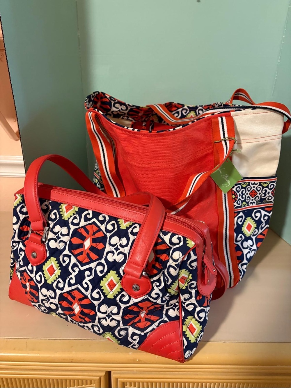 Vera Bradley Sun Valley Trimmed Satchel & Colorblock Tote 2 Pc Set Retired